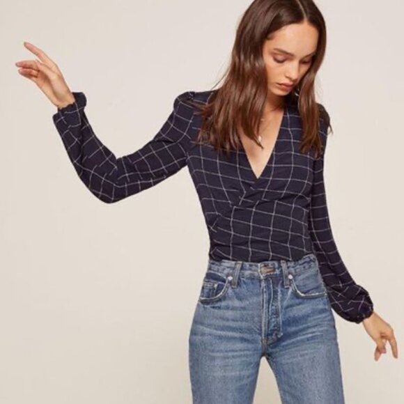 Reformation Navy Checkered Blouse - Picture 2 of 12